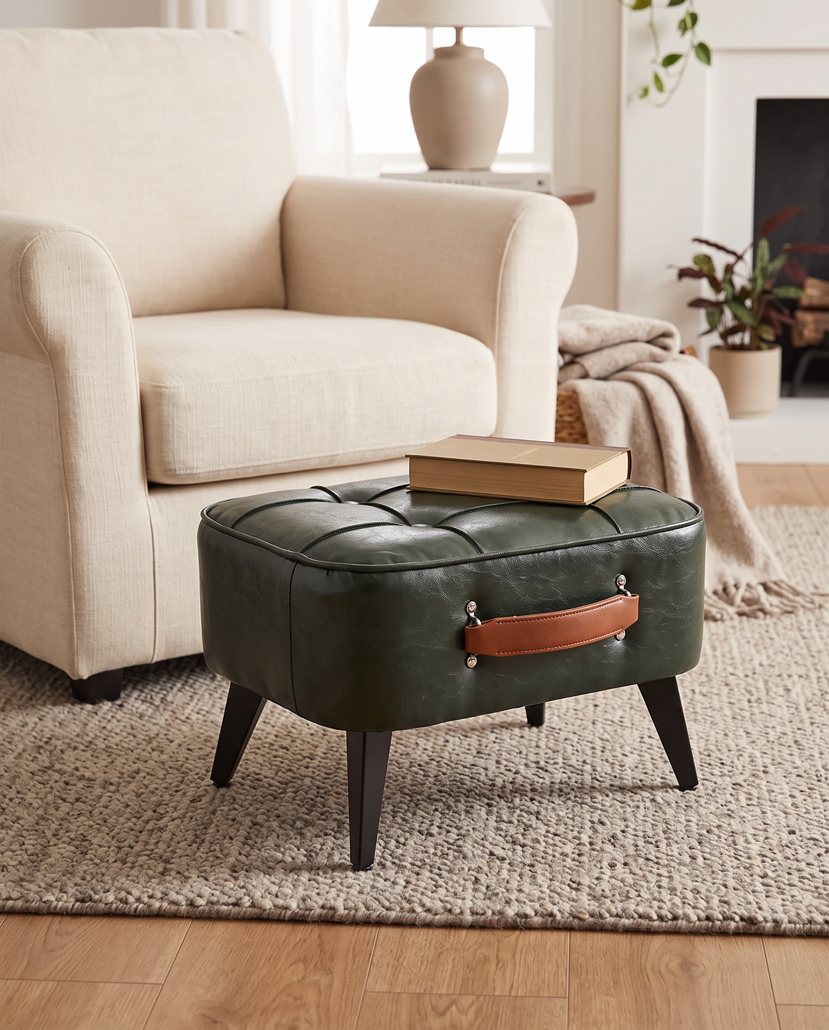 Bottle green Grenaa footstool in a living room