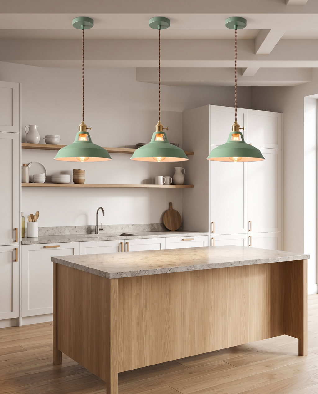 Sage Smogen pendants over a kitchen island
