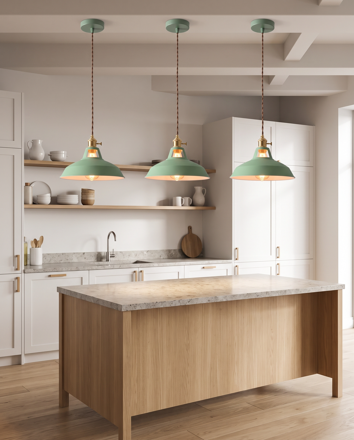 Sage Smogen pendants over a kitchen island