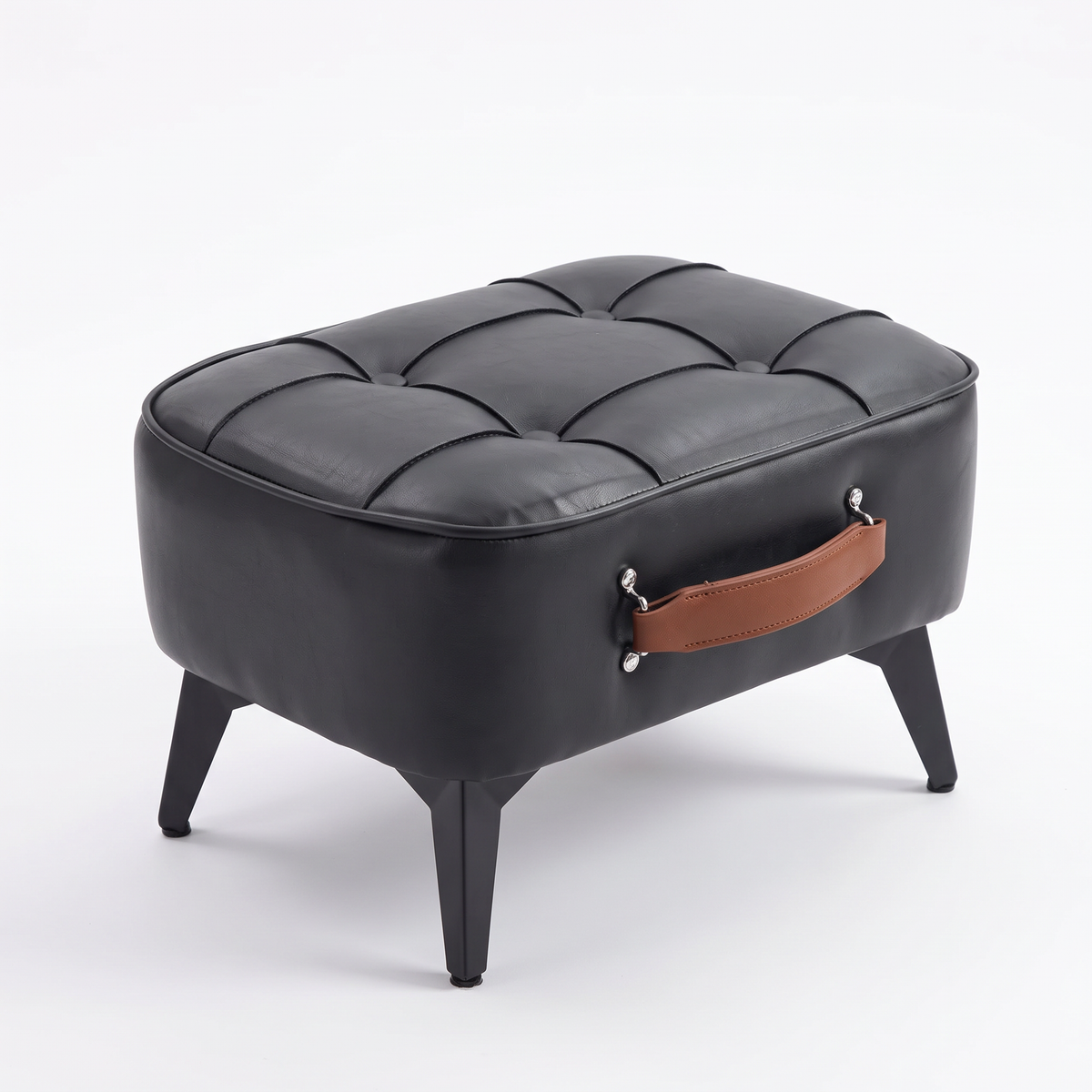 Grenaa tufted footstool in black with tan handle