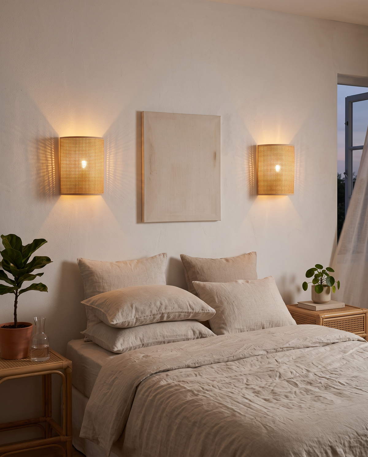 Pair of Struer rattan wall lights above a bed