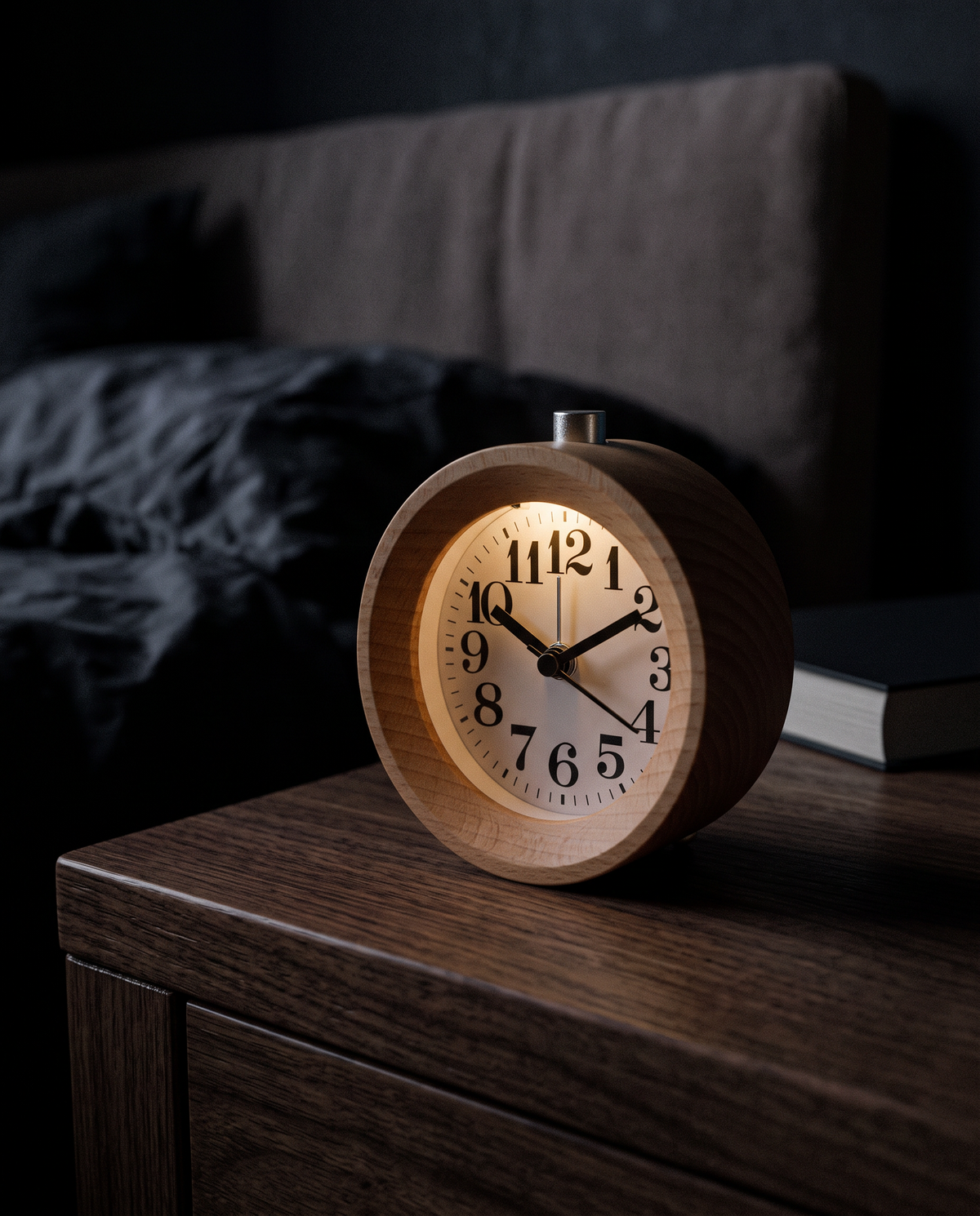 Jever alarm clock on a bedside table at night