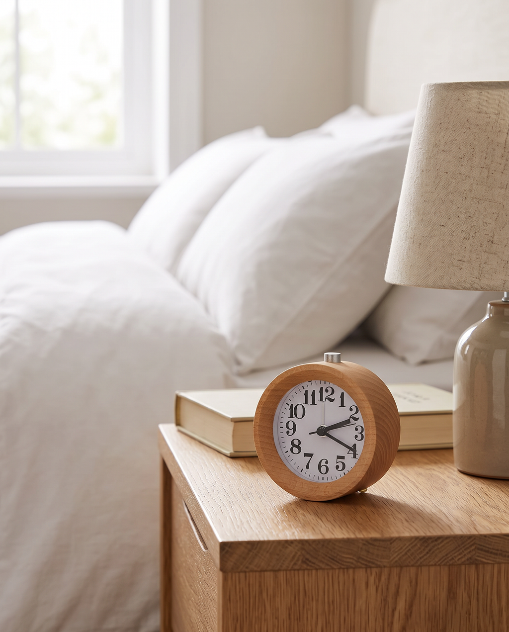 Jever solid wood alarm clock on a bedside table