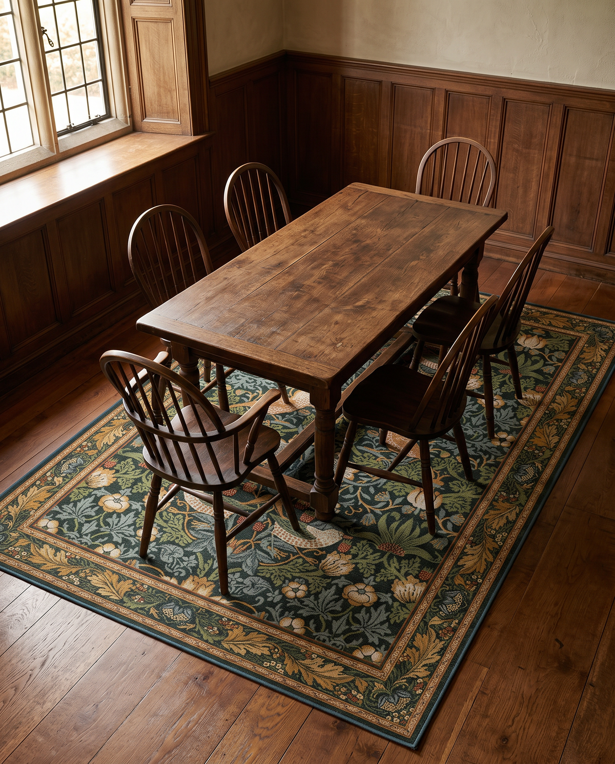 Zittau forest green botanical rug in a dining room