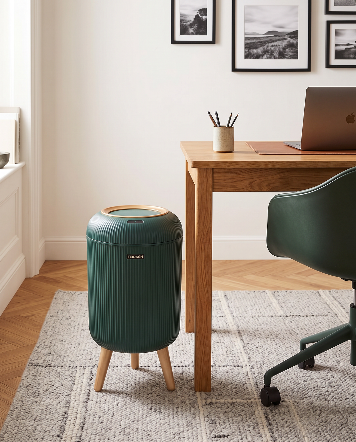 Dark green Naestved bin on legs beside a desk