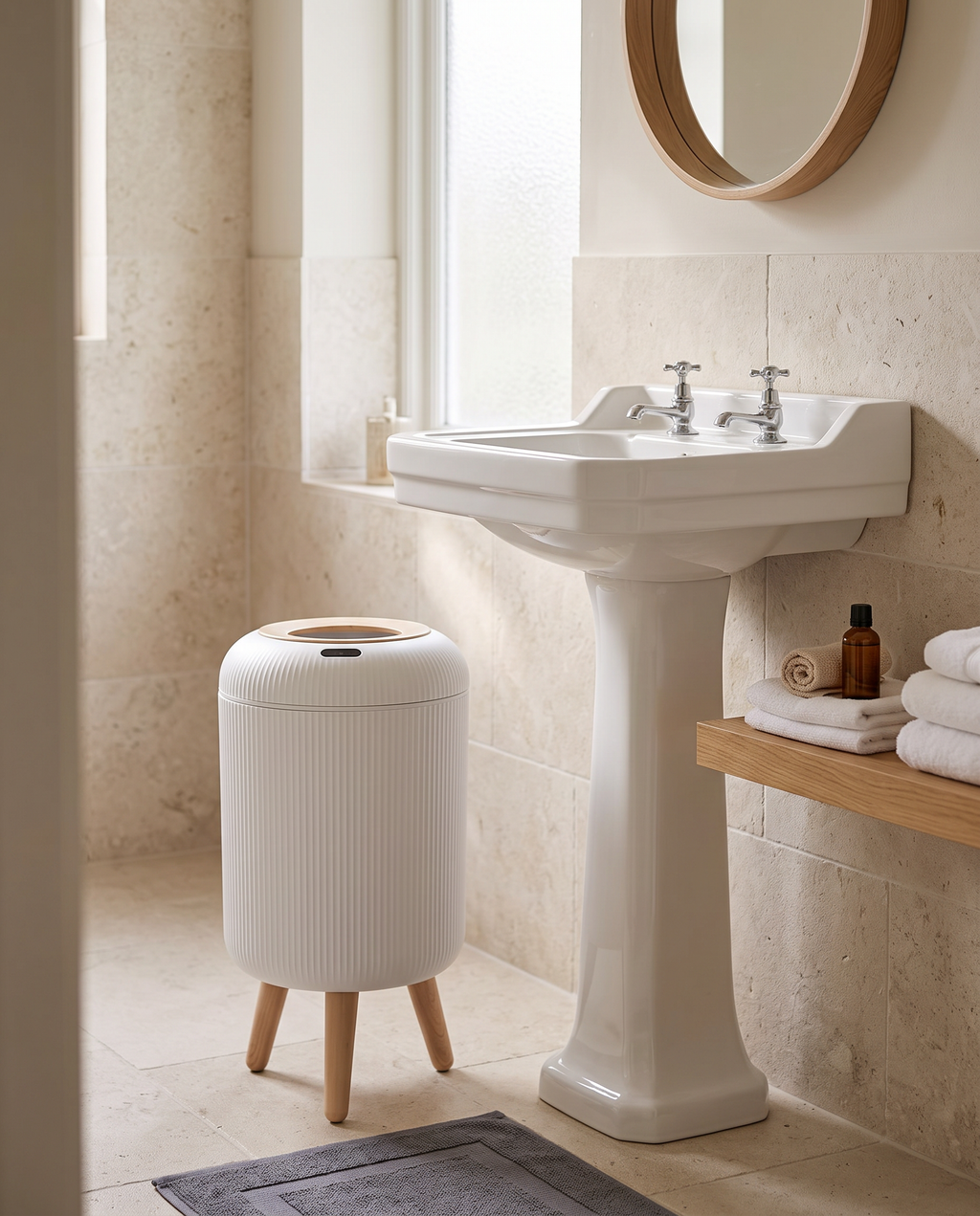 White Naestved bin on legs in a bathroom