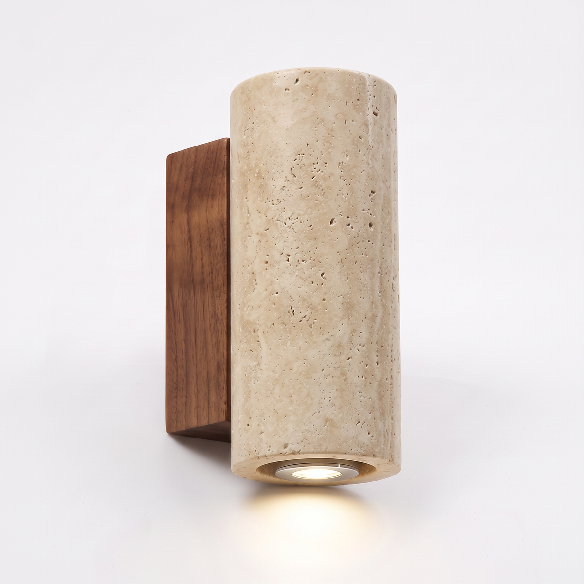 Askersund round travertine wall light on walnut