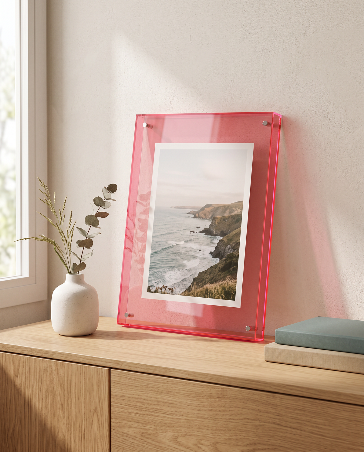 Neon pink Nysted frame on an oak sideboard