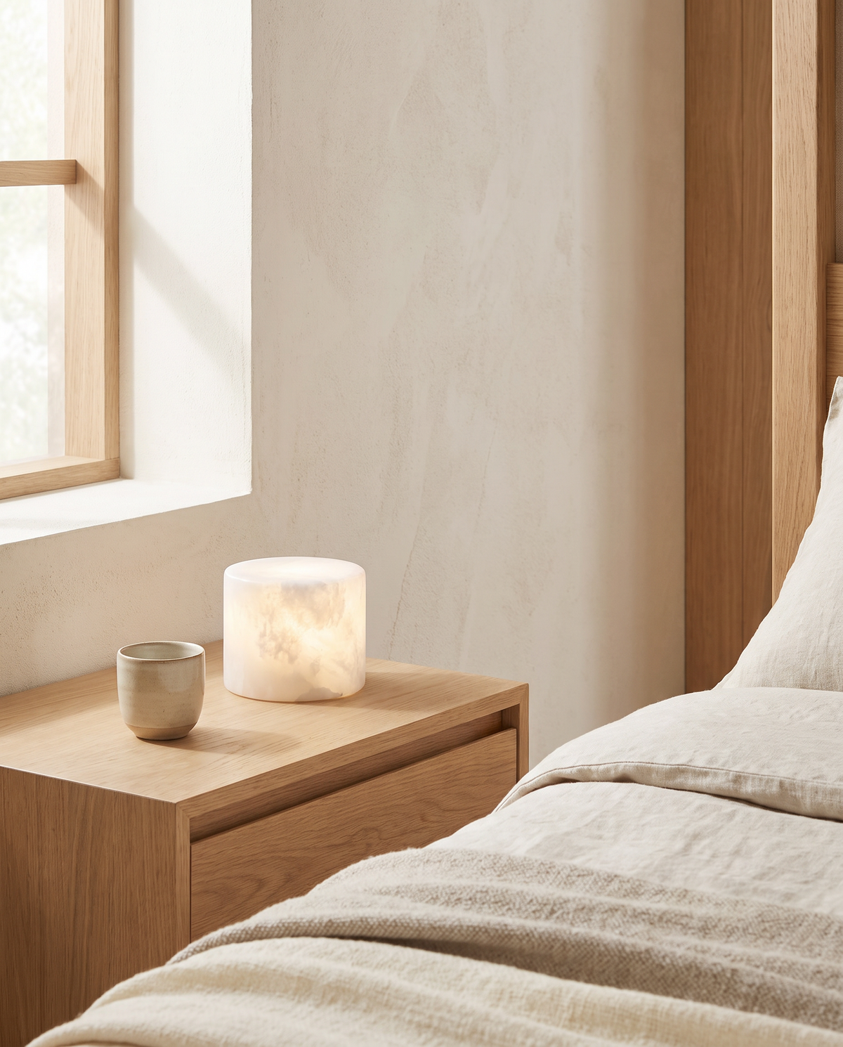 Lillesand Marble-Look Drum Lamp in a room setting
