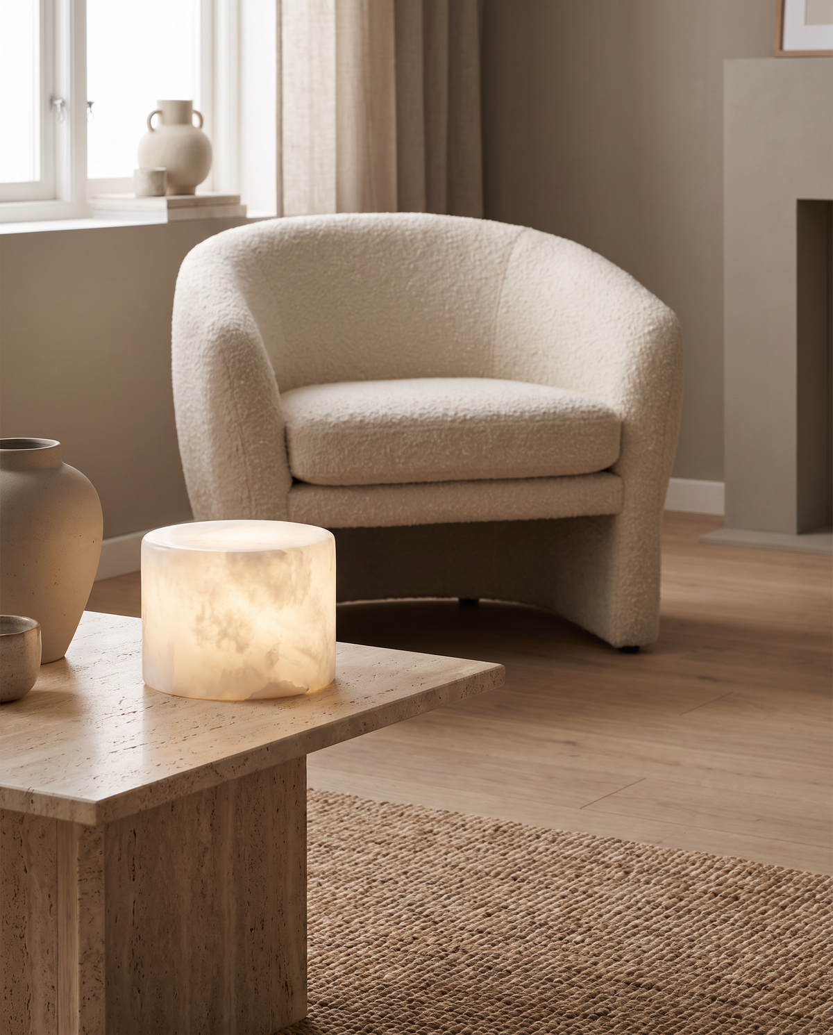 Lillesand Marble-Look Drum Lamp in a room setting