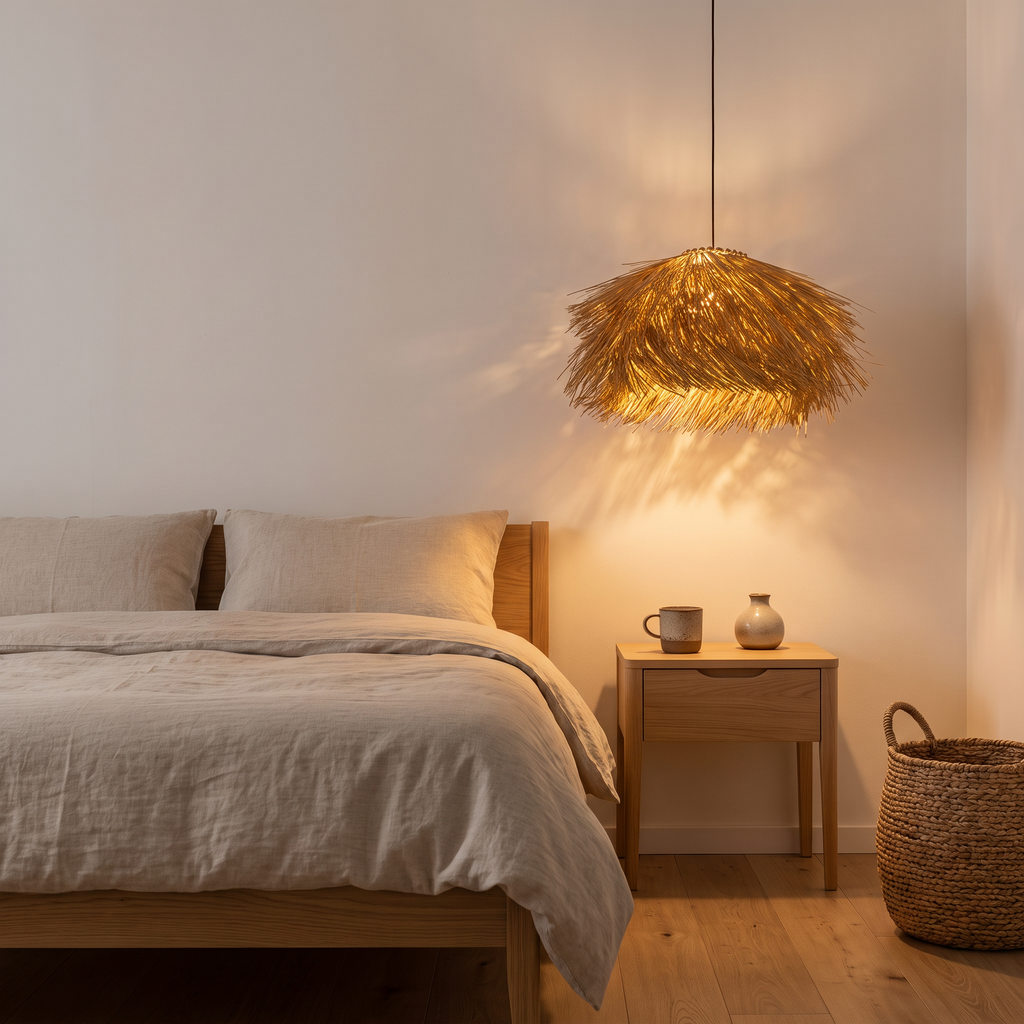 Hudiksvall Hand Woven Straw Pendant in a room setting