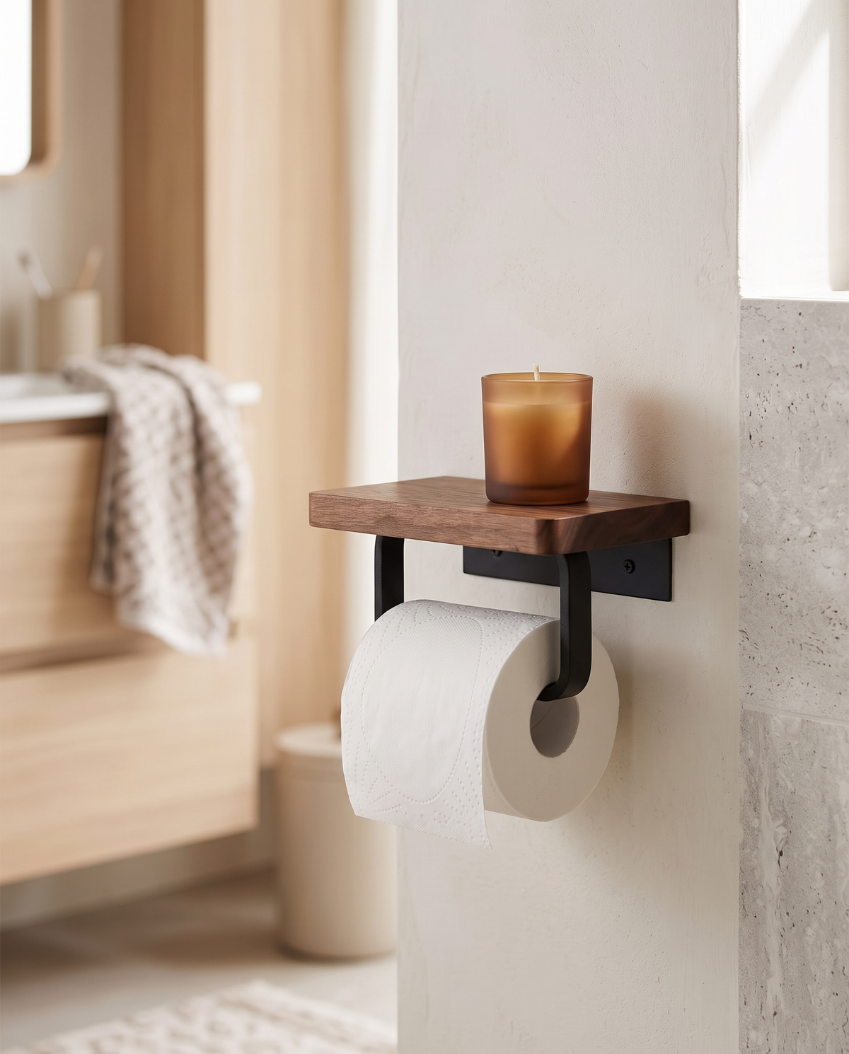 Tranas Toilet Roll Holder with Wooden Shelf, view 5