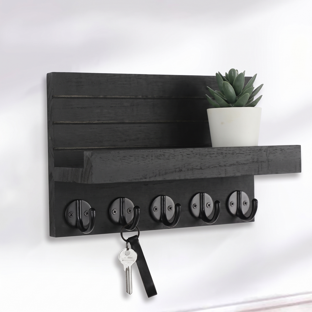 Wooden Key Holder with Shelf and 5 Hooks, Brevik