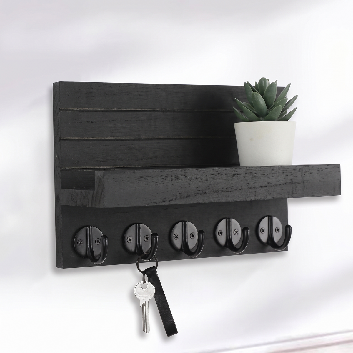 Wooden Key Holder with Shelf and 5 Hooks, Brevik