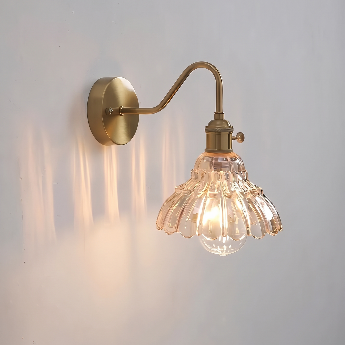 Floral Glass Wall Light, Swan Neck Arm, Brass Tone, Green, Amber or Clear, Eisenach