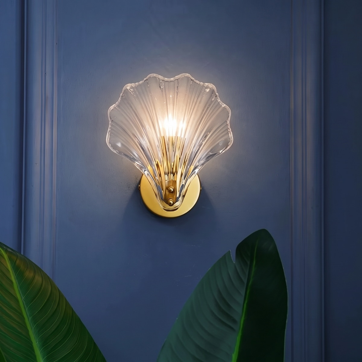 Glass Shell Wall Light, Clear Ribbed Glass, Brass Tone Base, Bollnas