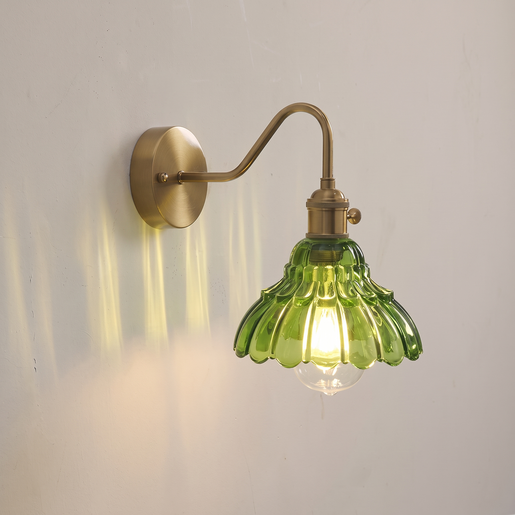 Floral Glass Wall Light, Swan Neck Arm, Brass Tone, Green, Amber or Clear, Eisenach