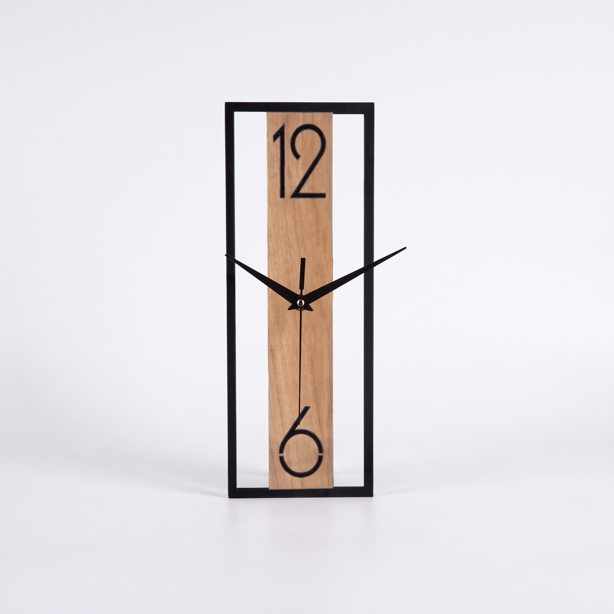 Rectangular Wall Clock, Black Metal Frame and Wood Grain Panel, Nora