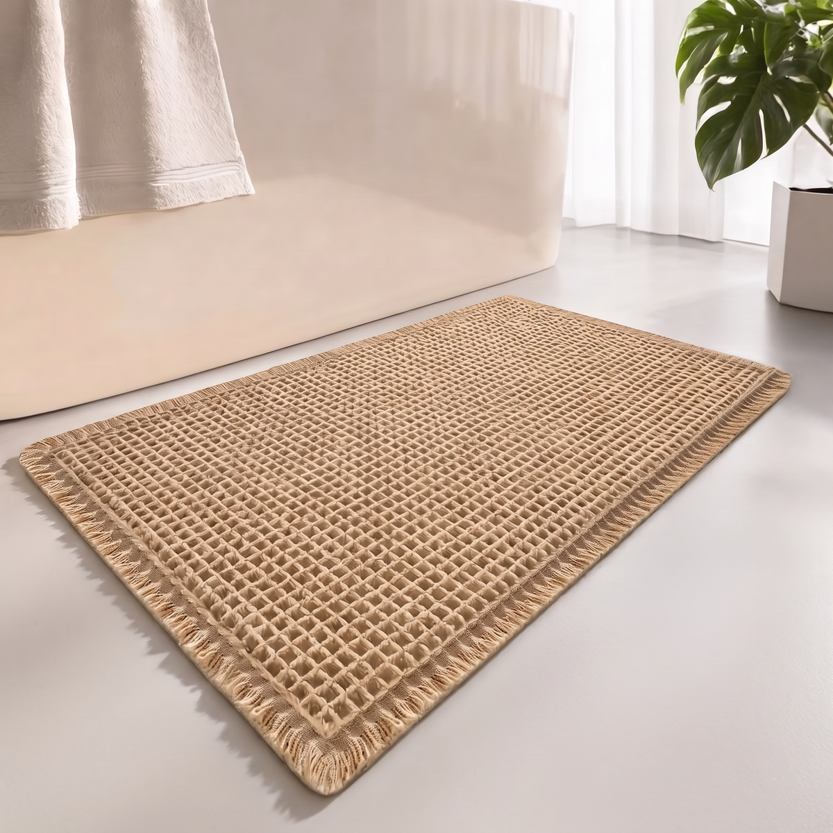 Bogense waffle bath mat with tassels in a bathroom