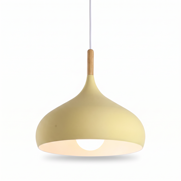 Kalix metal dome pendant light in light yellow with a natural wood cap
