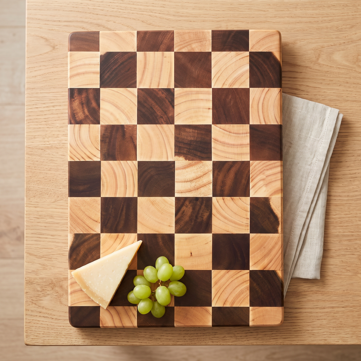Eslov board with cheese and grapes on an oak table