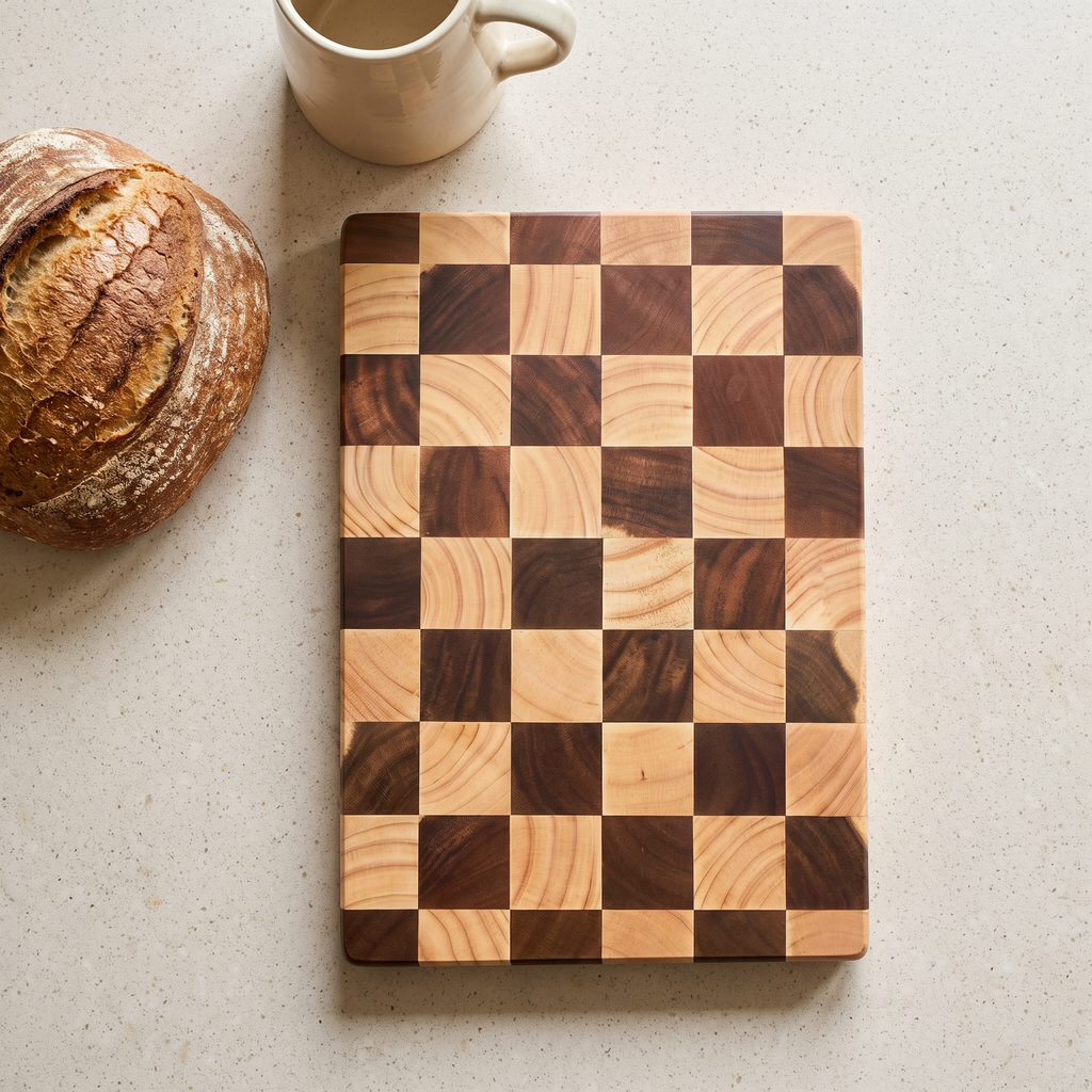 Eslov checkerboard chopping board on a stone worktop beside a sourdough loaf