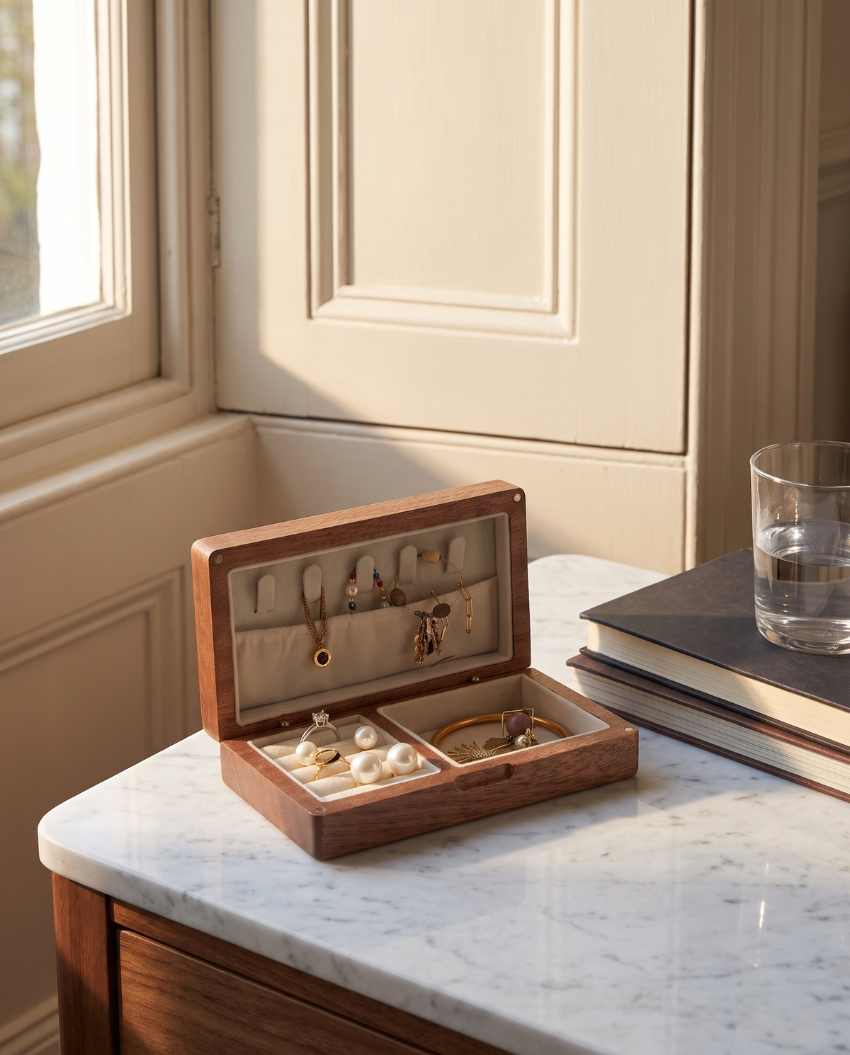 Sunne walnut jewellery box on a marble bedside table