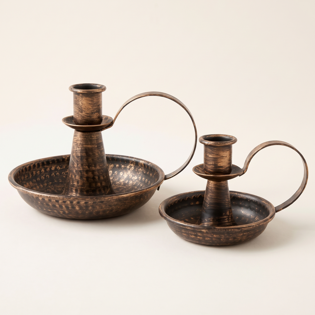 Hoganas chamberstick candle holders, Set of 2, antique bronze finish