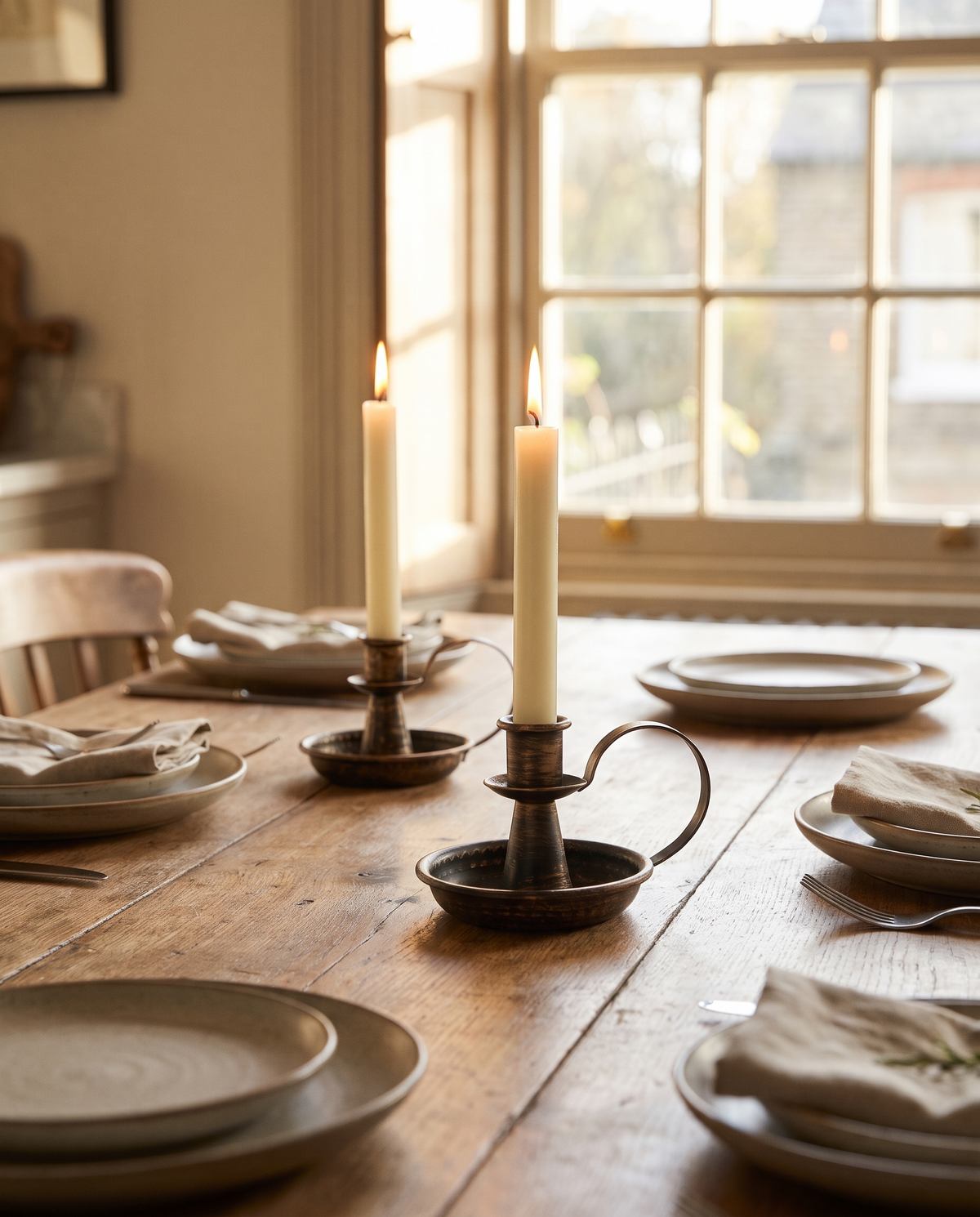 Hoganas chamberstick candle holders on an oak dining table