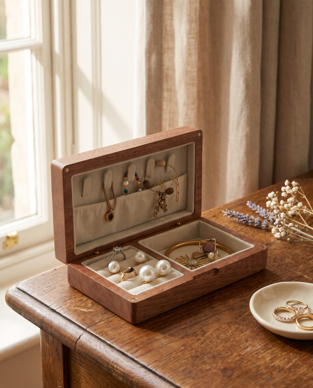 Sunne walnut jewellery box on an oak dressing table by a sash window