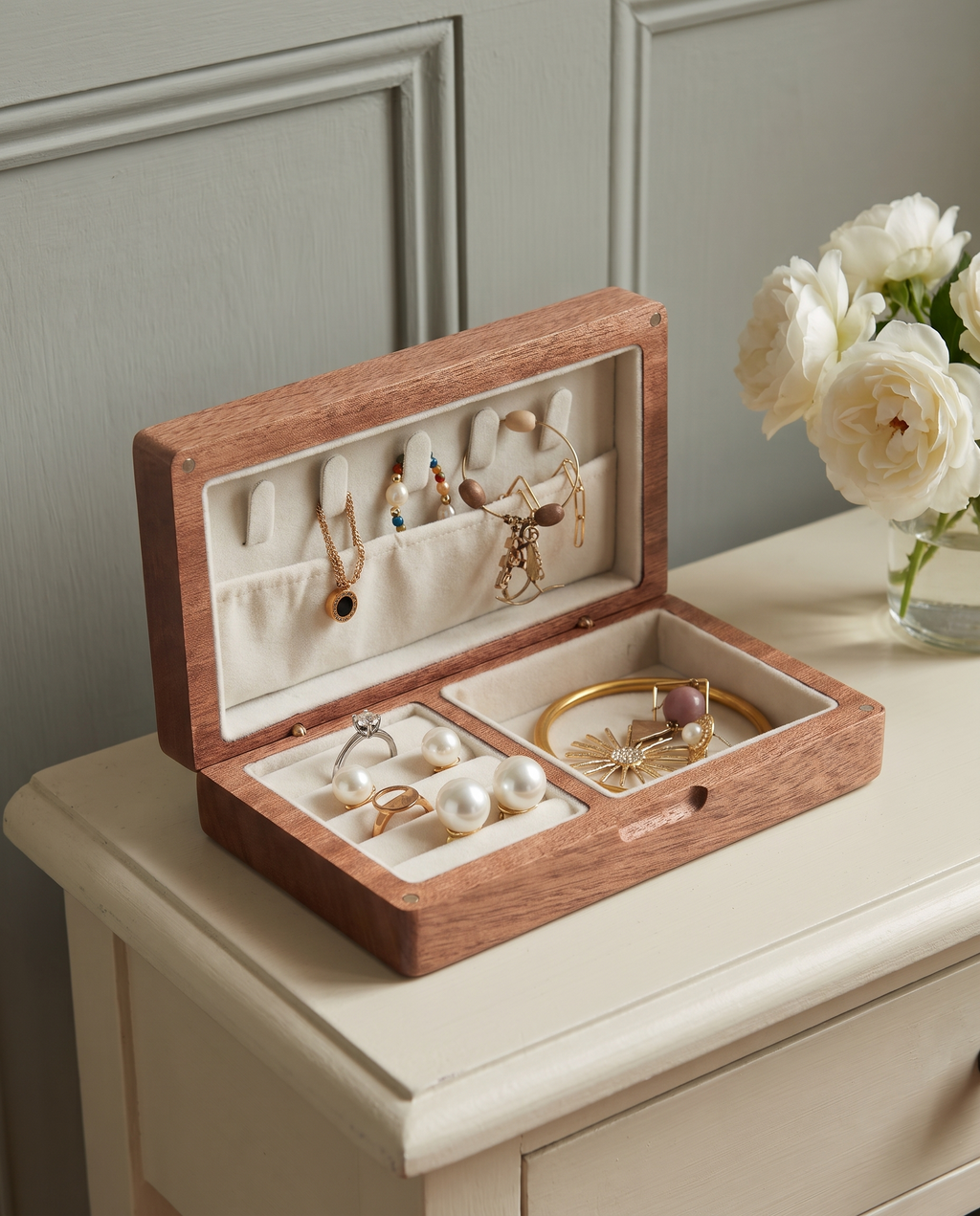 Sunne walnut jewellery box on a painted console table with white roses
