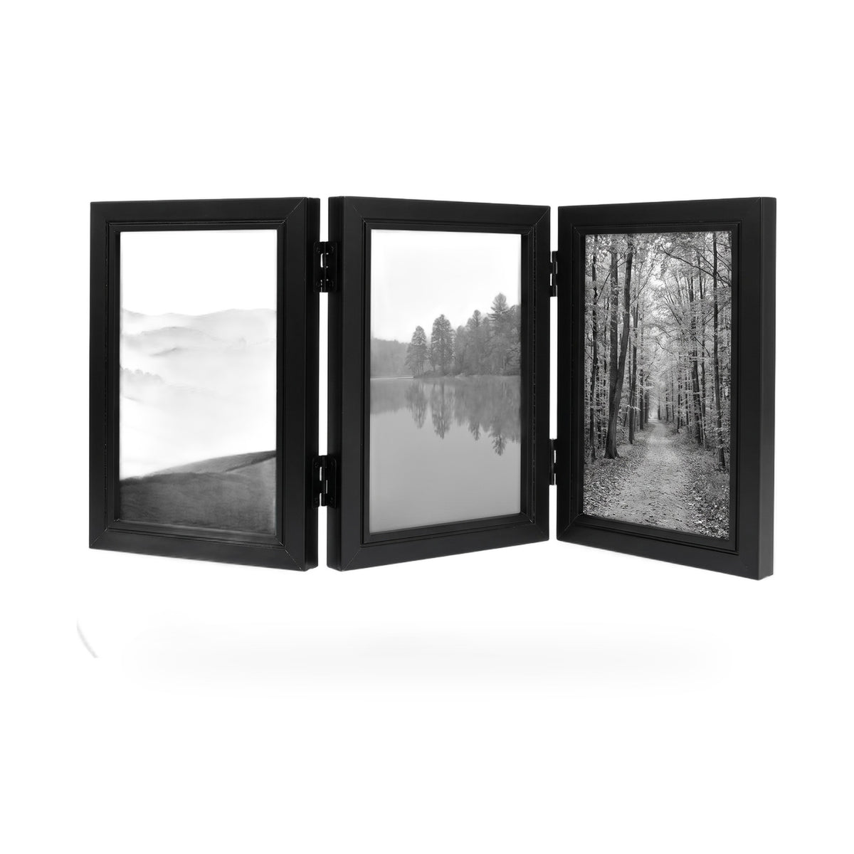 Hildesheim folding triple photo frame in black on a white background