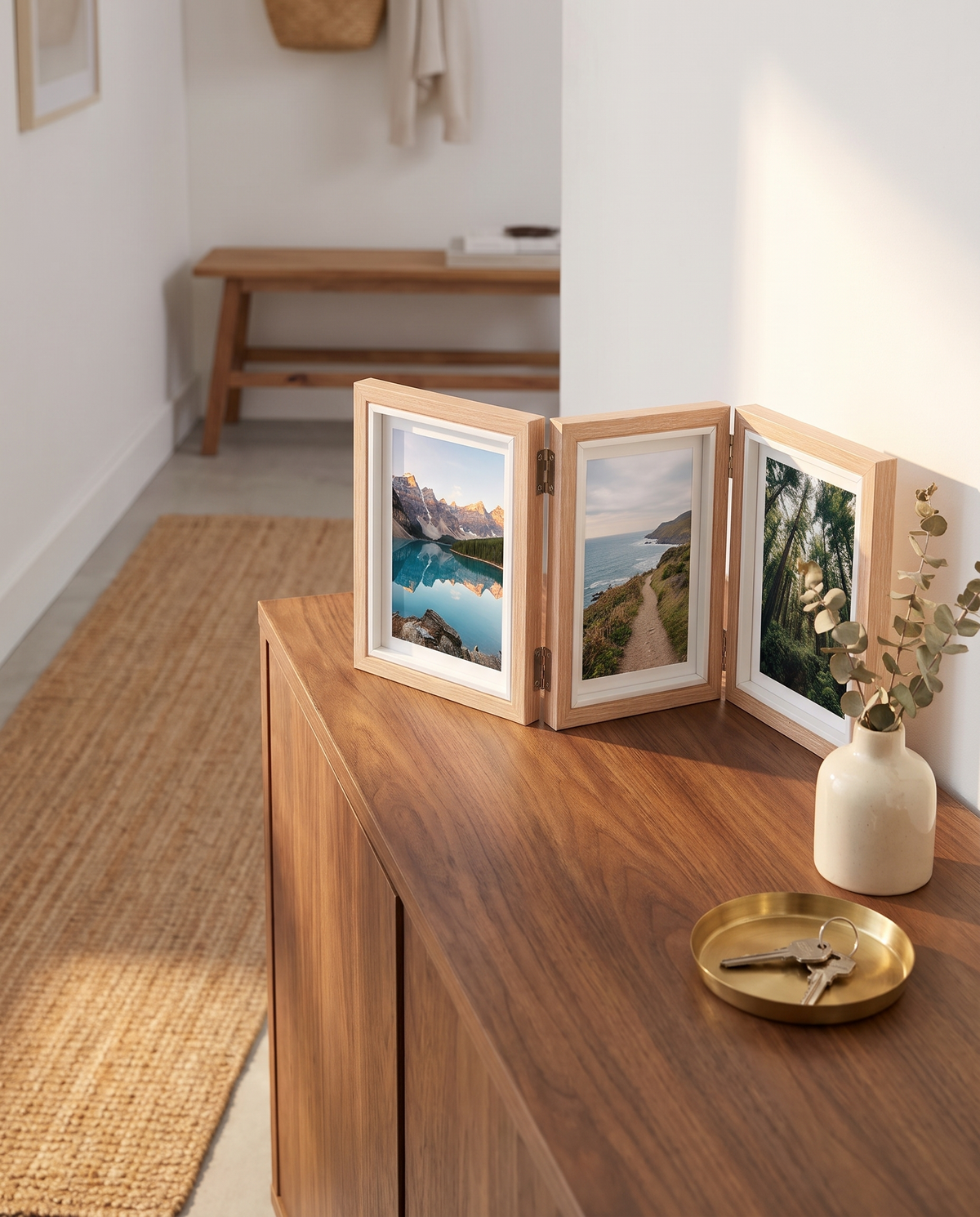 Hildesheim natural folding photo frame on a hallway console