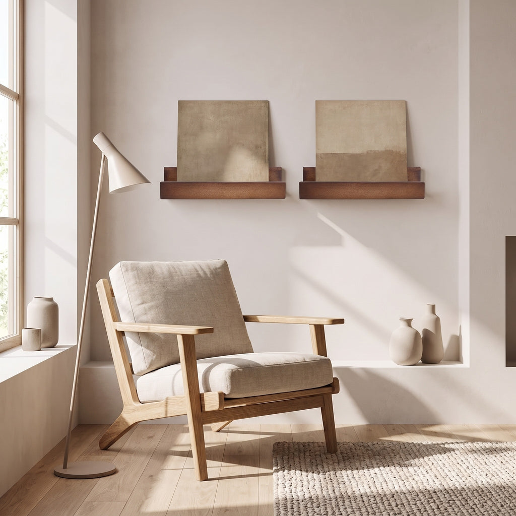Two Husavik record ledges above a reading chair