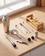 Kitzbuhel cocktail set laid out on an oak worktop