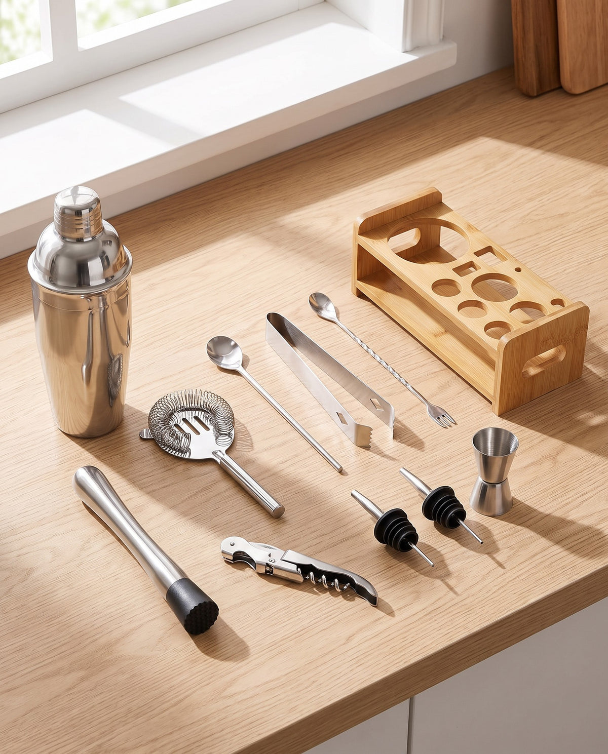Kitzbuhel cocktail set laid out on an oak worktop