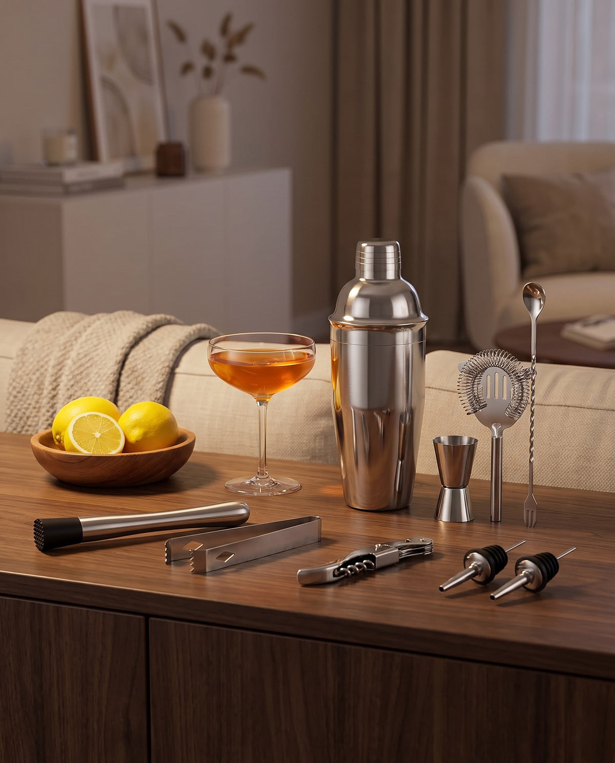 Kitzbuhel cocktail shaker and bar tools on a walnut sideboard