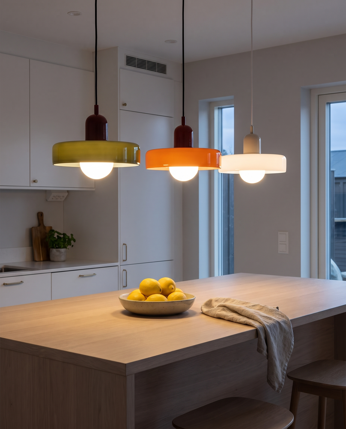 Three Krefeld glass pendant lights over a kitchen island