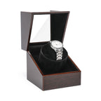 Lahr watch winder with the lid open showing the velvet cushion and watch