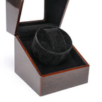 Inside the Lahr watch winder, black velvet lining and cushion