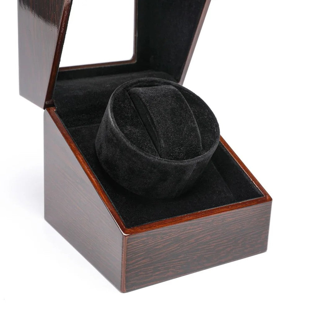Inside the Lahr watch winder, black velvet lining and cushion