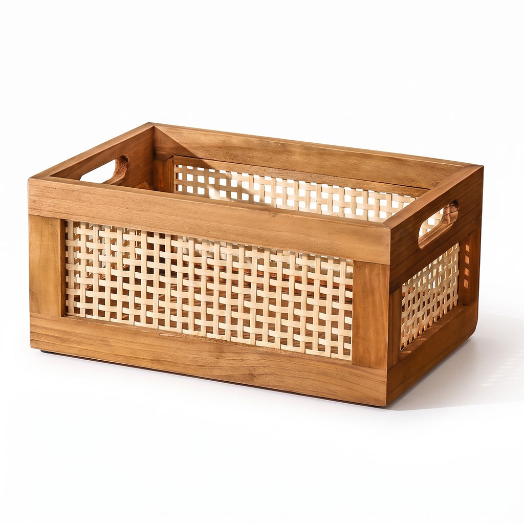 Leiden wood and woven cane storage crate, on white