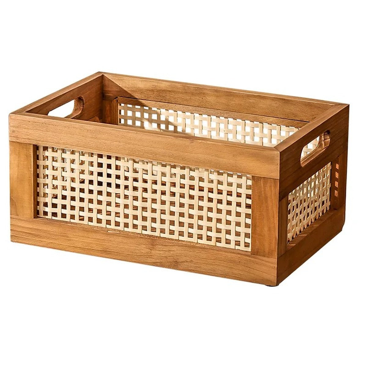 Leiden storage crate with solid wood frame and cane panels, product photo