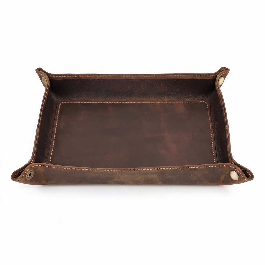 Mechelen dark brown crazy horse leather valet tray, on white