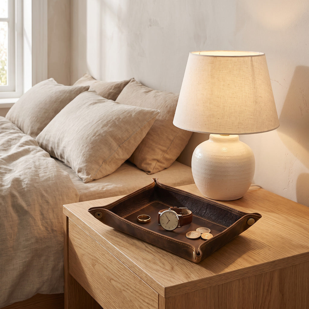 Mechelen small leather valet tray on a bedside table with a ring and a watch