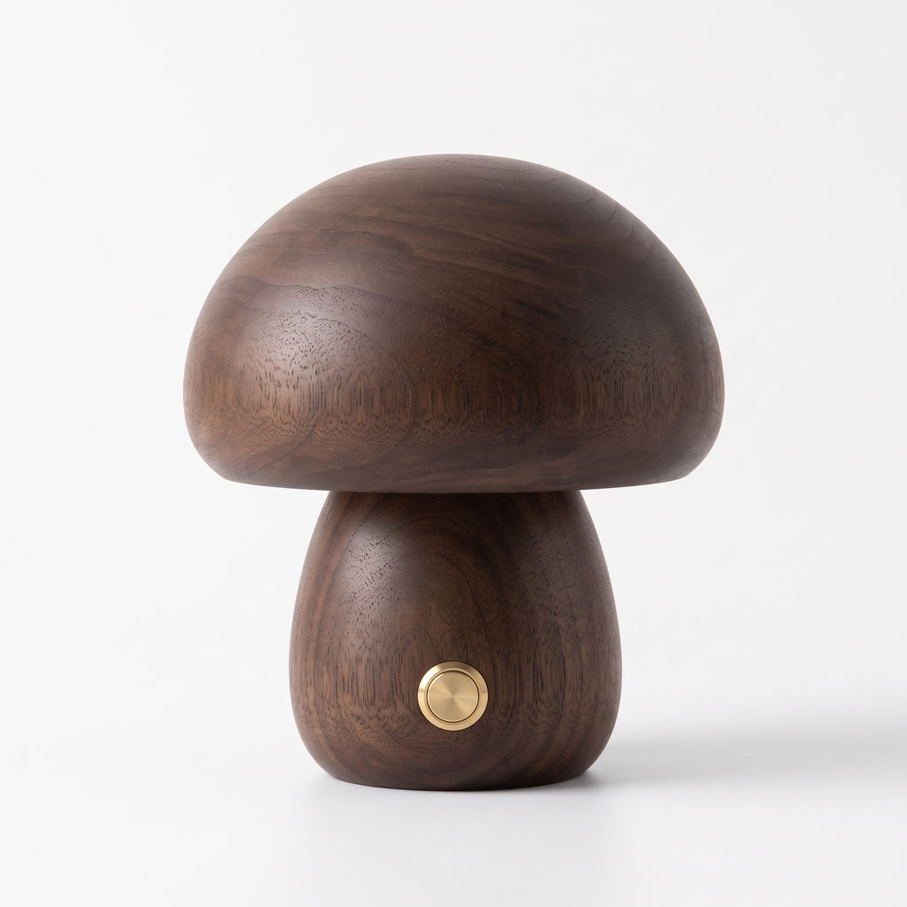Molln wooden mushroom lamp in walnut, on white