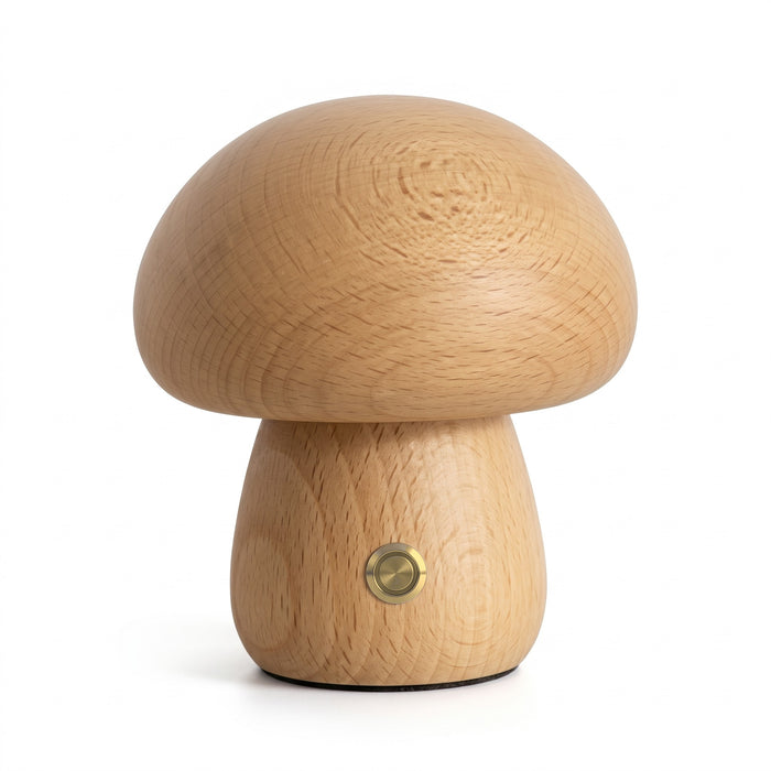 Molln wooden mushroom lamp in beech, on white