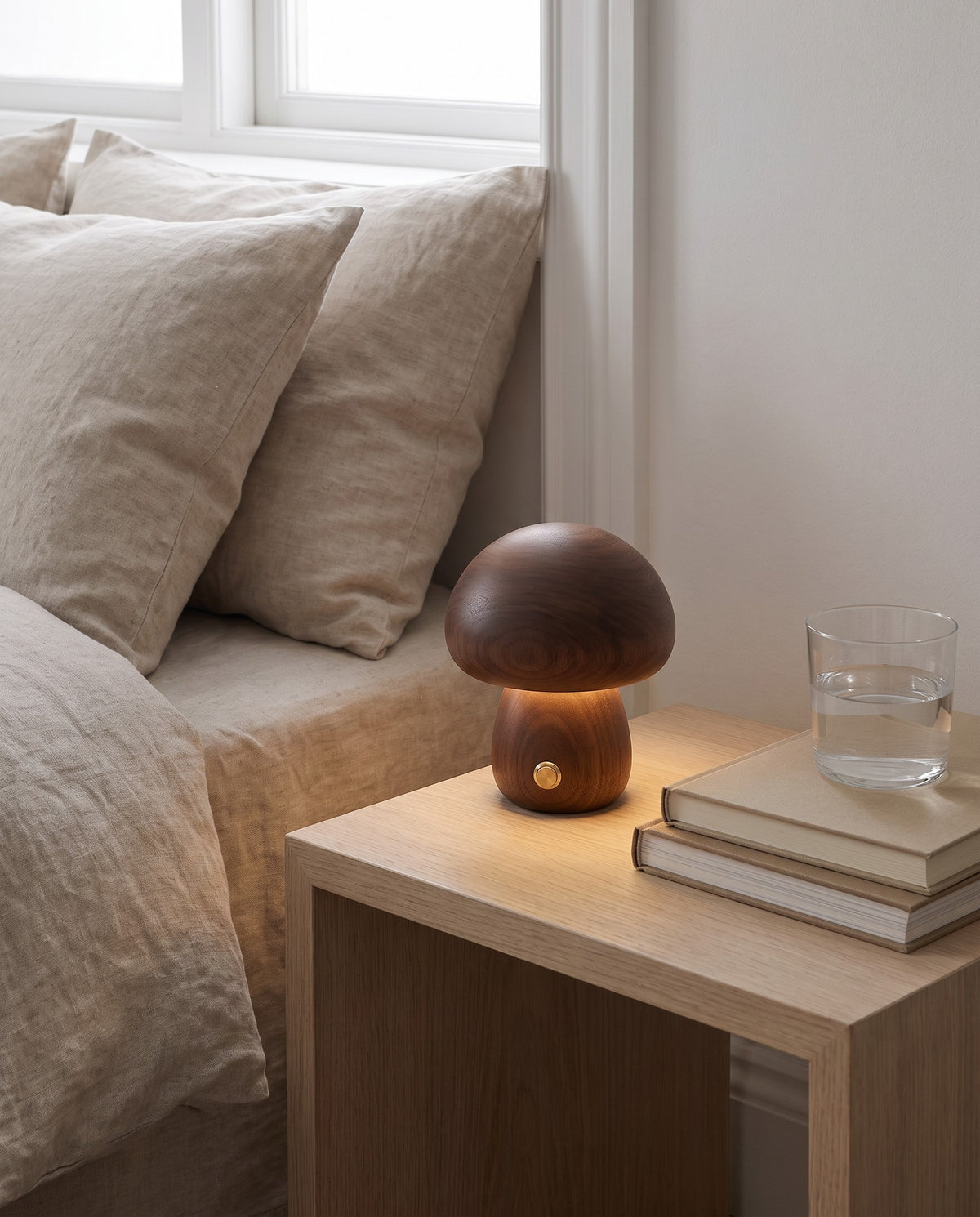 Walnut Molln mushroom lamp glowing on a bedside table