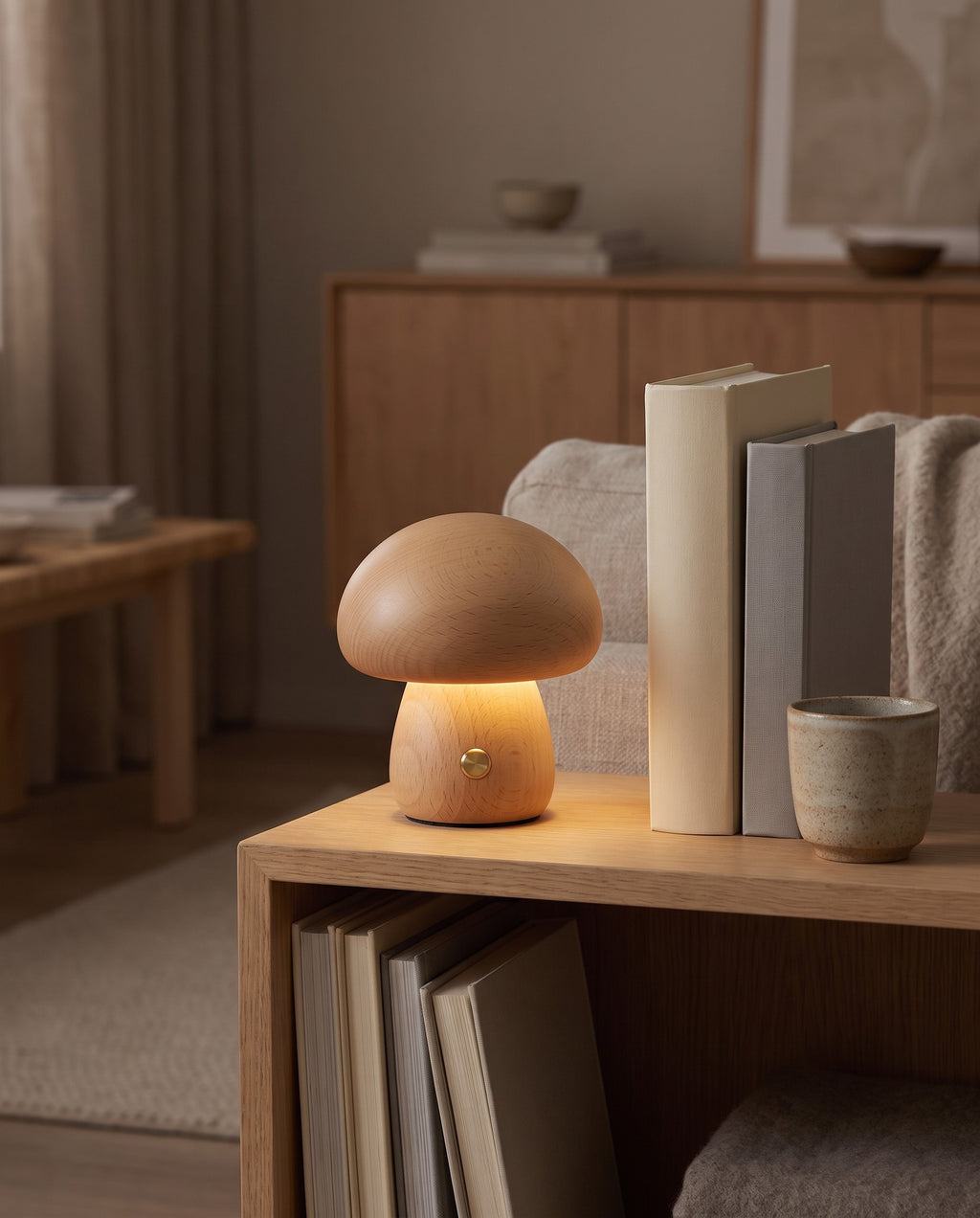 Beech Molln mushroom lamp glowing on a bookshelf