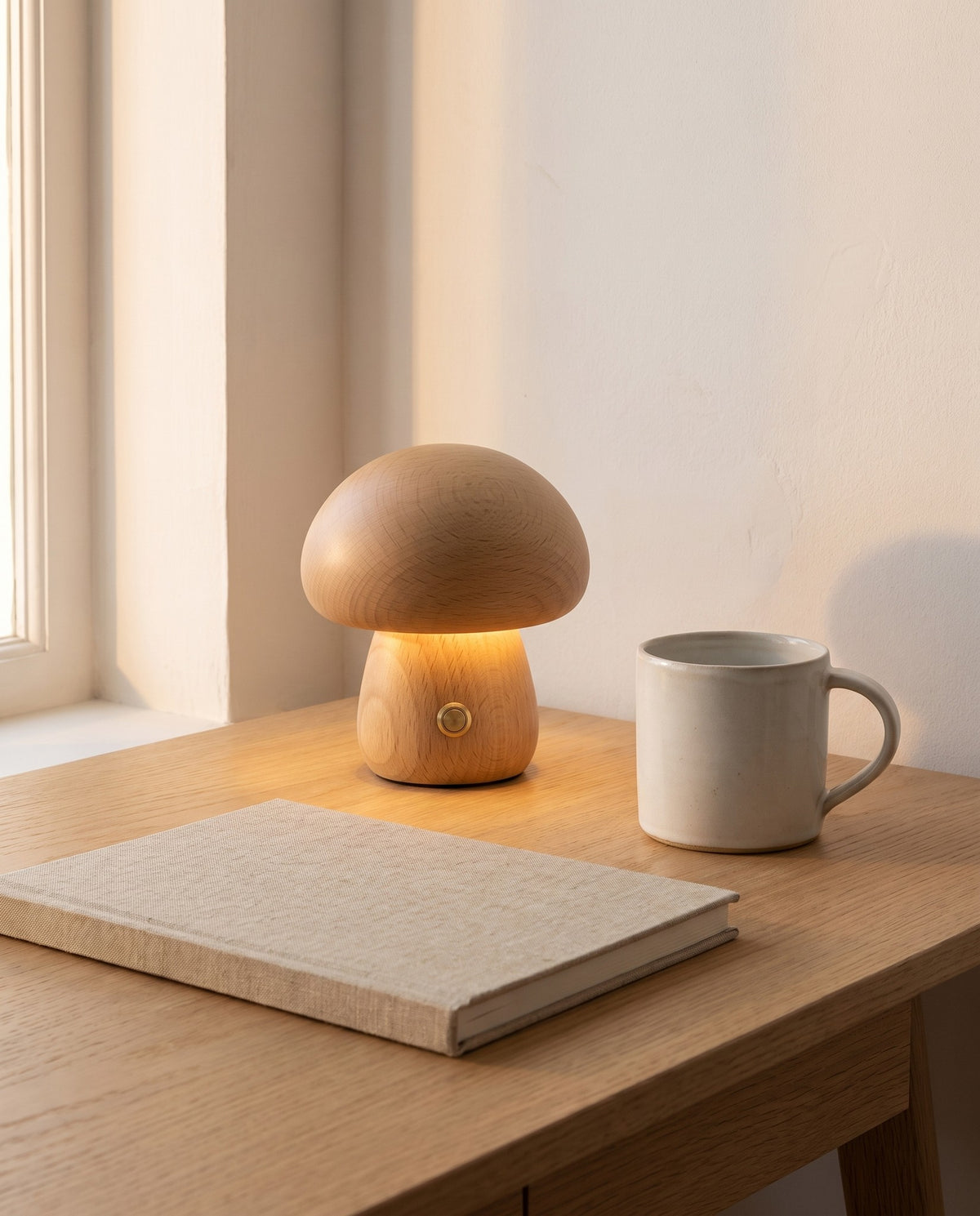 Beech Molln mushroom lamp on an oak desk beside a mug, shown to scale
